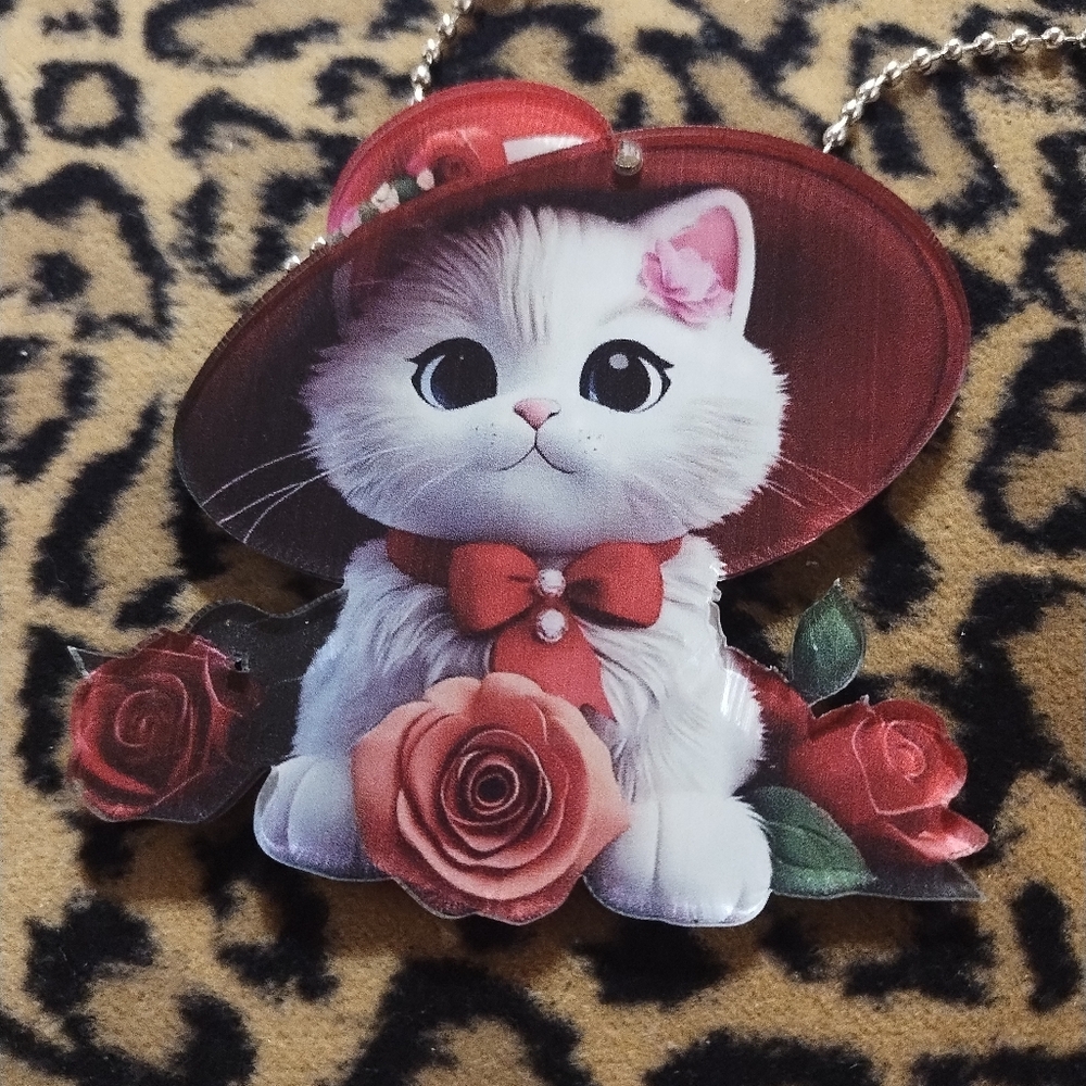 3/$25 Charming Rose Cat Pendant Necklace Or Hanging Ornament